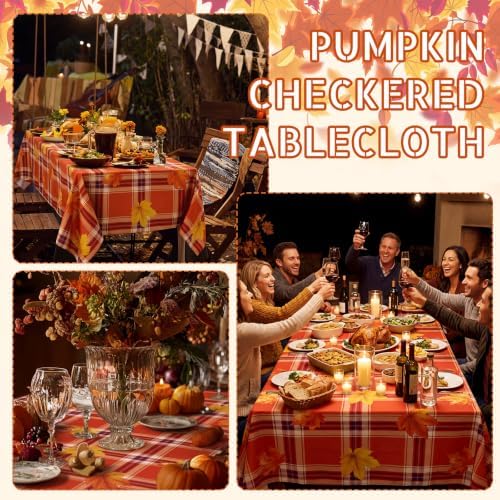 Irenare Fall Tablecloth 60 x 84 Inch, Tartan Plaid Maple Leaves