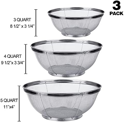3 Pack Strainers for Kitchen, 18/8 Stainless Steel Colander, Fine Mesh