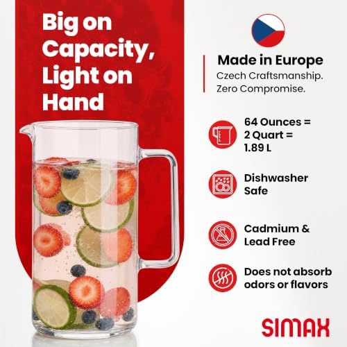 Simax Glass Pitcher, 64 Ounce (2 Quart) Borosilicate Glass, Made in