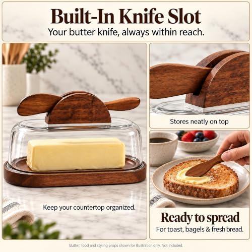 Glass Butter Dish with Lid & Knife, Acacia Wood Base