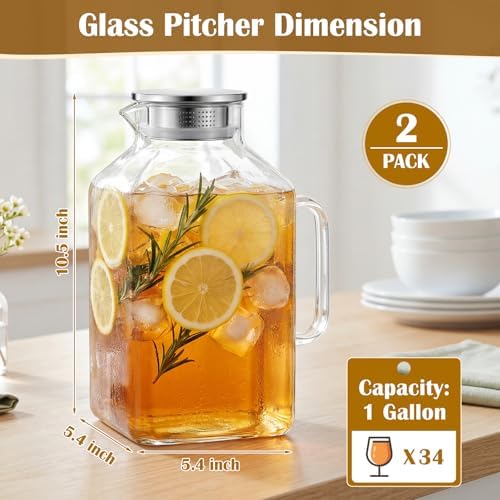 Gisafai 2 Pack 1 Gallon Square Glass Water Pitcher with Lid Spout