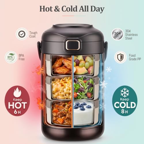 67oz Thermos for Hot Food, 3-Bowl Insulated Food Container for Work