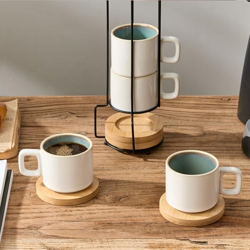 LUKA Porcelain Stackable Espresso Cups with Saucers and Metal Stand