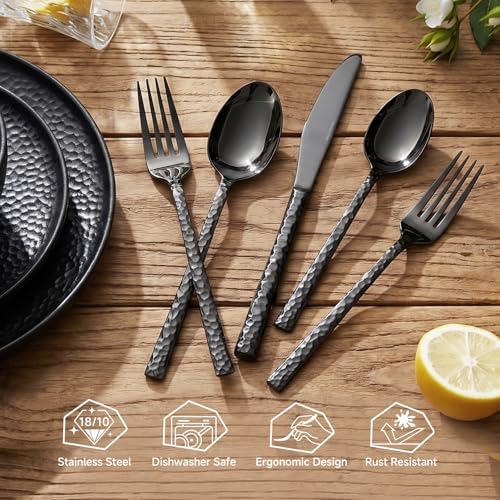 20 Piece Black Silverware Set,18/10 Stainless Steel Hammered Flatware