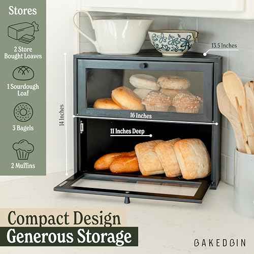 Corner Bread Box for Kitchen Countertop - New 2026 Airtight Design - Extra Large, Double Layer Black BreadBox, Vintage Storage for Homemade Bread, Under Cabinet Organizer