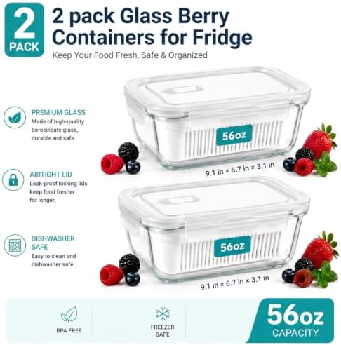 2 Pack 56oz Glass Berry Containers with Removable Colander