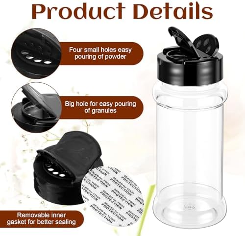 36 Pack 3 Oz Clear Plastic Spice Jars with Black Flip Lids and Labels