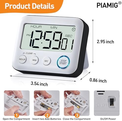 Digital Kitchen Timer Alarm Clock, Large LCD Display, Black