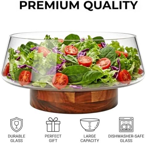 Accguan Large Glass Salad Bowl Set with Acacia Wood Base