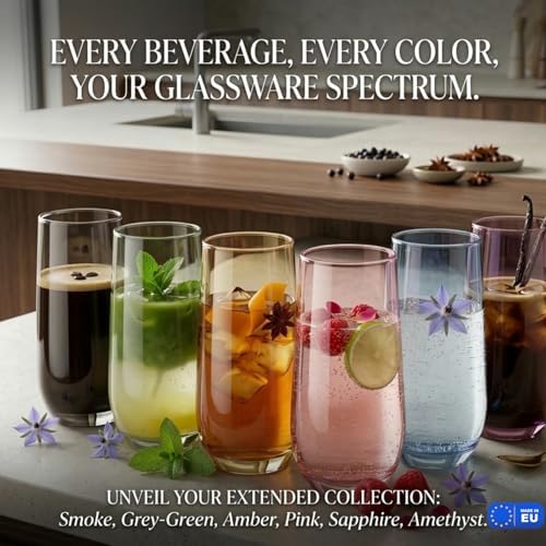 Grey Drinking Glasses Set of 6 | Translucent Black Glassware | 16 oz