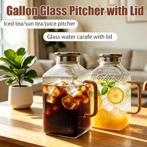 1 Gallon Glass Iced Tea Pitcher with Lid Fridge Square Water Juice