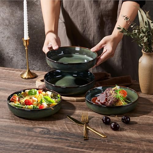 E-far Stoneware Pasta Bowls Set of 4, 35oz Double Reactive Glaze