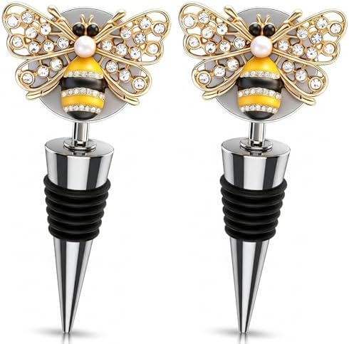 Bee Wine Stopper (Set of 2), Gold Enamel Bumblebee Bottle Topper with