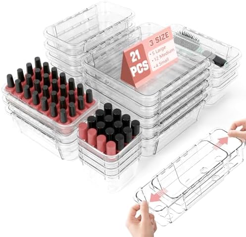 21 PCS Extendable Drawer Organizer Set Clear Stackable Vanity Storage
