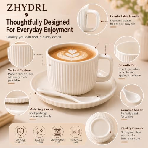 White Ceramic Coffee Cups Set of 4 with Saucers and Spoons