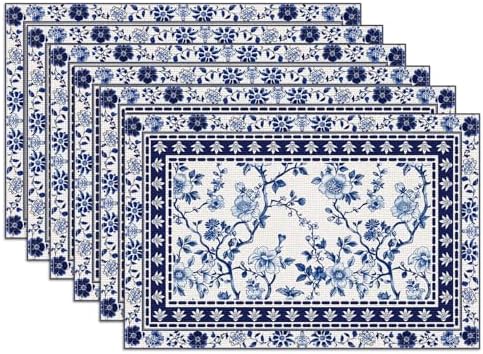 Blue White Floral Placemats Set of 6, Chinoiserie Flower Linen Place