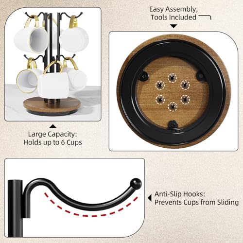 6-Hook 360° Rotating Coffee Mug Tree, Brown