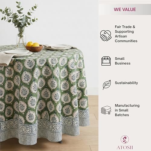 ATOSII Cotton Blockprint Round Tablecloth, Kari Green, 90 Inches
