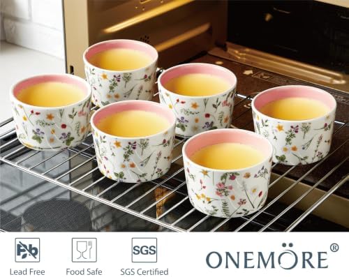 ONEMORE 6 oz Ramekins Oven Safe, Floral Ceramic Ramekin Set of 6 Pink
