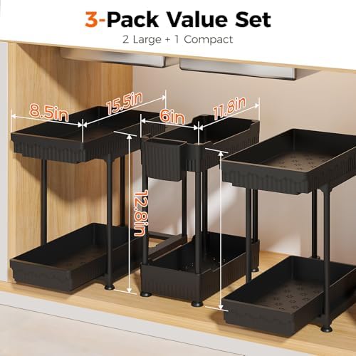 Sevenblue 3-Pack 2-Tier Under Sink Organizers with Sliding Drawers