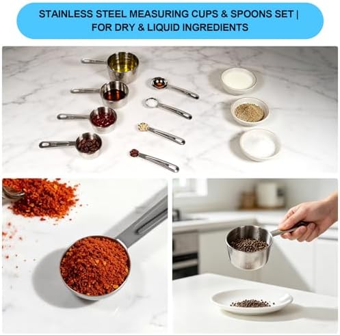 8 PCS Stainless Steel Measuring Cups and Spoons Set, Engraved Metric &