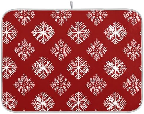 OTVEE Snowflake’ Red Canvas Dish Drying Mat for Kitchen Counter