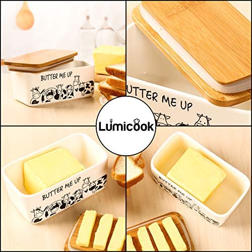Porcelain Butter Dish with Lid, Natural Bamboo Lid, Seal, Cow Butter