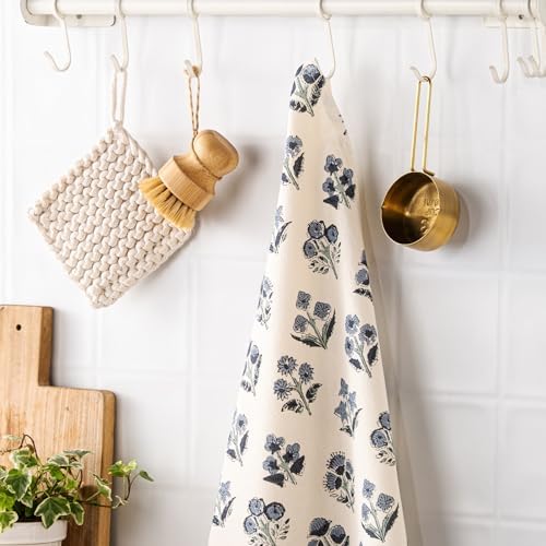 Block Print Floral Flour Sack Kitchen Towels Set of 2, Dusty Blue