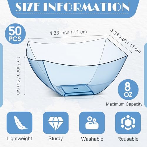 Tanlade 50 Pcs Square Plastic Serving Bowls Disposable Salad, Blue