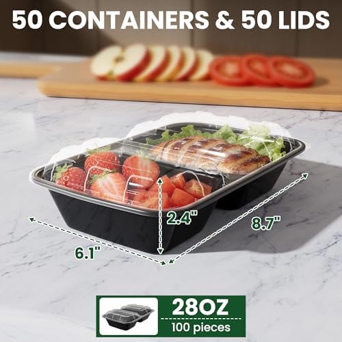 50 Pack 28oz Meal Prep Containers with Lids 2-Compartment, To Go Take