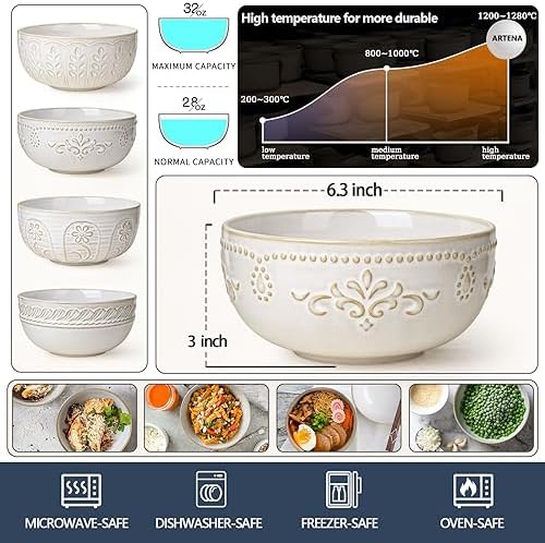Artena Soup Bowls 32 OZ, Cereal Bowls Set of 4, Embossment Ceramic