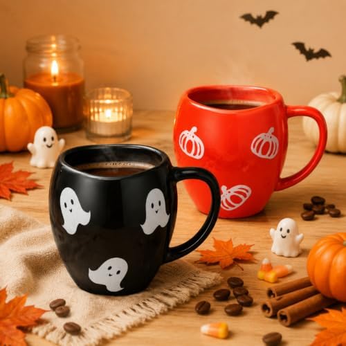 Newtay 2 Pack Ghost & Pumpkin Coffee Mugs, 13 oz Ceramic Cups for