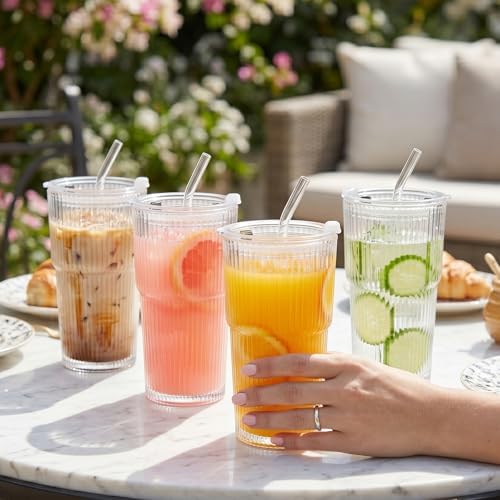 Wells 20oz Glass Cups with Lids and Straws, Ribbed Iced Coffee Cups