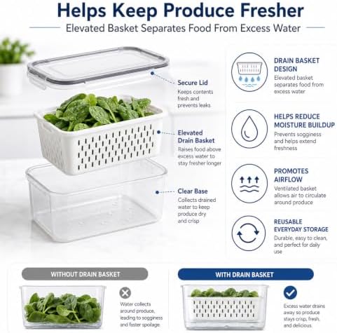 Fruit Storage Containers, Produce Saver Bins With Drain Basket And