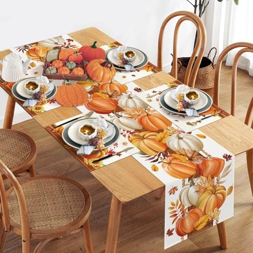 Bonhause Orange Pumpkins Fall Placemats Set of 4, 12x18 Inch Autumn