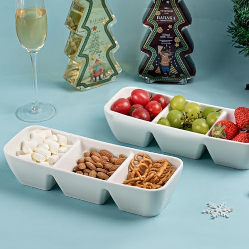 Ceramic Divided Serving Tray 11 Inch, 3 Compartment White Condiment Tray Set of 2, Stackable Chip and Dip Serving Dish for Entertaining, Appetizer Snack Platter for Party Holiday Game Day