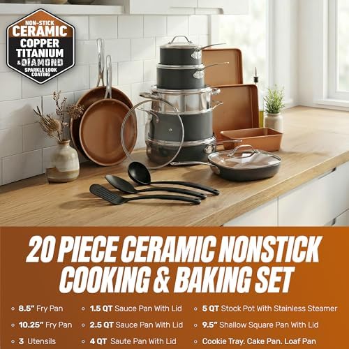 GOTHAM STEEL 20 Pc Titanium Ceramic Cookware Set, Diamond Infused