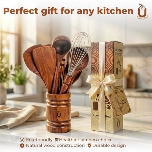 11-Piece Teak Wooden Utensil Set with Holder