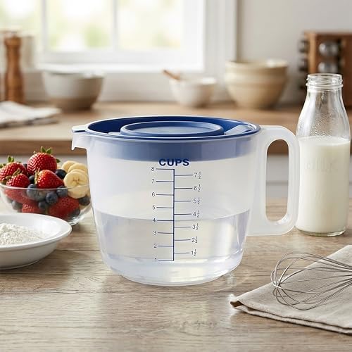 8 Cup Measuring Cup with Splash Guard Lid, BPA-Free Plastic Mixing