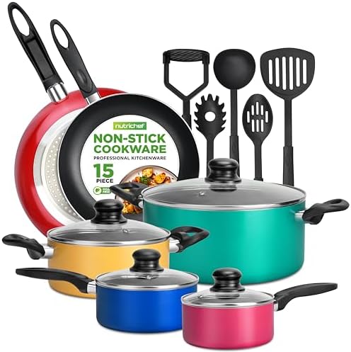 NutriChef 15-Piece Non Stick Kitchen Cookware Set PFOA/PFOS-Free