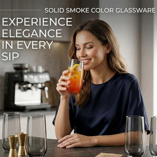 Grey Drinking Glasses Set of 6 | Translucent Black Glassware | 16 oz
