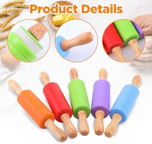 10 Pcs 9 Inch Mini Rolling Pin for Kids, Silicone Wooden Non-Stick