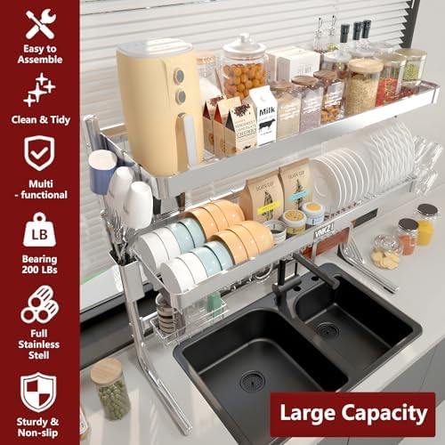 VNKZI 3-Tier Adjustable Over-Sink Dish Rack, 25.98'' to 36.61''