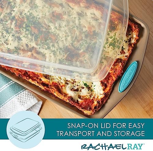 Rachael Ray 47578 Cucina Nonstick Bakeware Set with Grips Includes Nonstick Bread Pan, Baking Sheet, Cookie Sheet, Baking Pans, Cake Pan and Muffin Pan - 10 Piece, Latte Brown with Agave Blue Grips