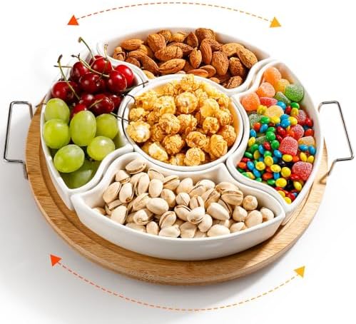 Ceramic Divided Serving Dishes with 360°Rotatable Bamboo Tray and