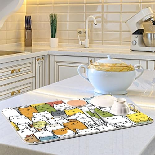 OTVEE Colorful Cat Art Dish Drying Mat for Kitchen Counter Absorbent