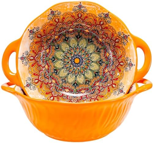 Boho Ceramic Serving Bowls with Handles Set of 2, Ceramic Large