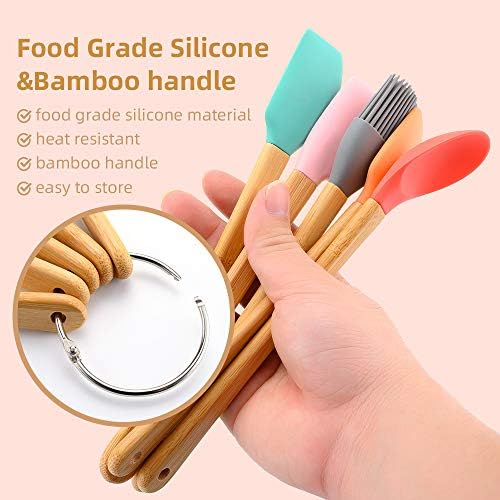 5 Piece Silicone Spatula,Mini Rubber Spatula Wooden Handle,Heat