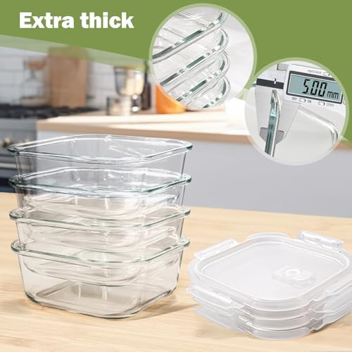 Square Glass Containers with Lids, 3 Cup, 4-Pack