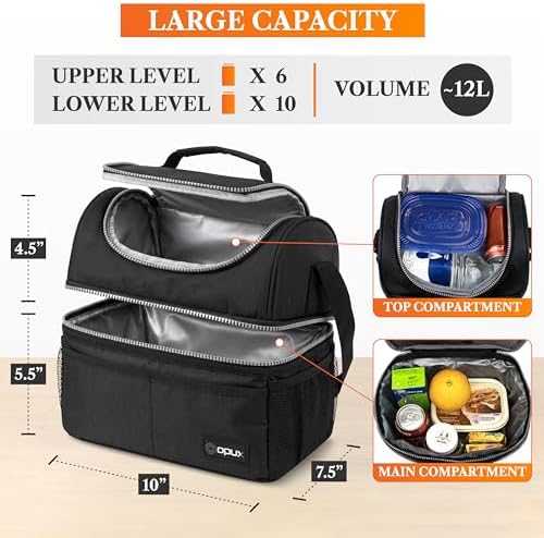 opux Insulated Lunch Bag, Double Decker (Black)